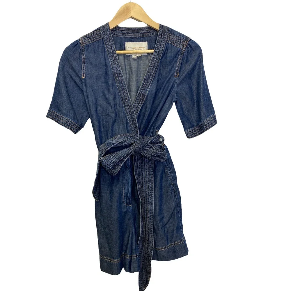 Anthropologie Pilcro Belted Denim Romper Sz 0 Shorts Wrap Tie Waist Blue‎